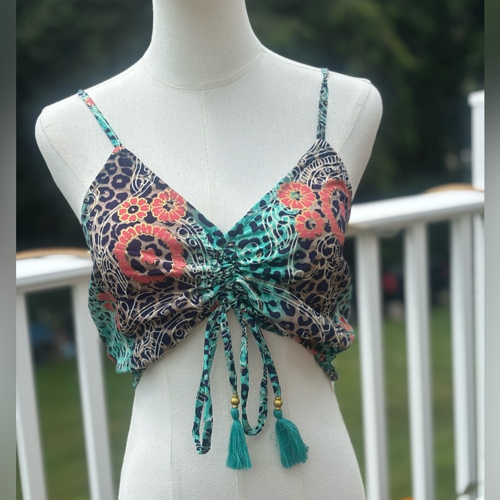 Colorful Ruched Crop Top with Tassels